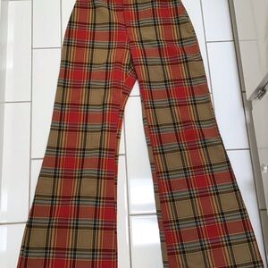 Free People Jules Plaid Wide Leg Pants Red Tan Sz 4 EUC!